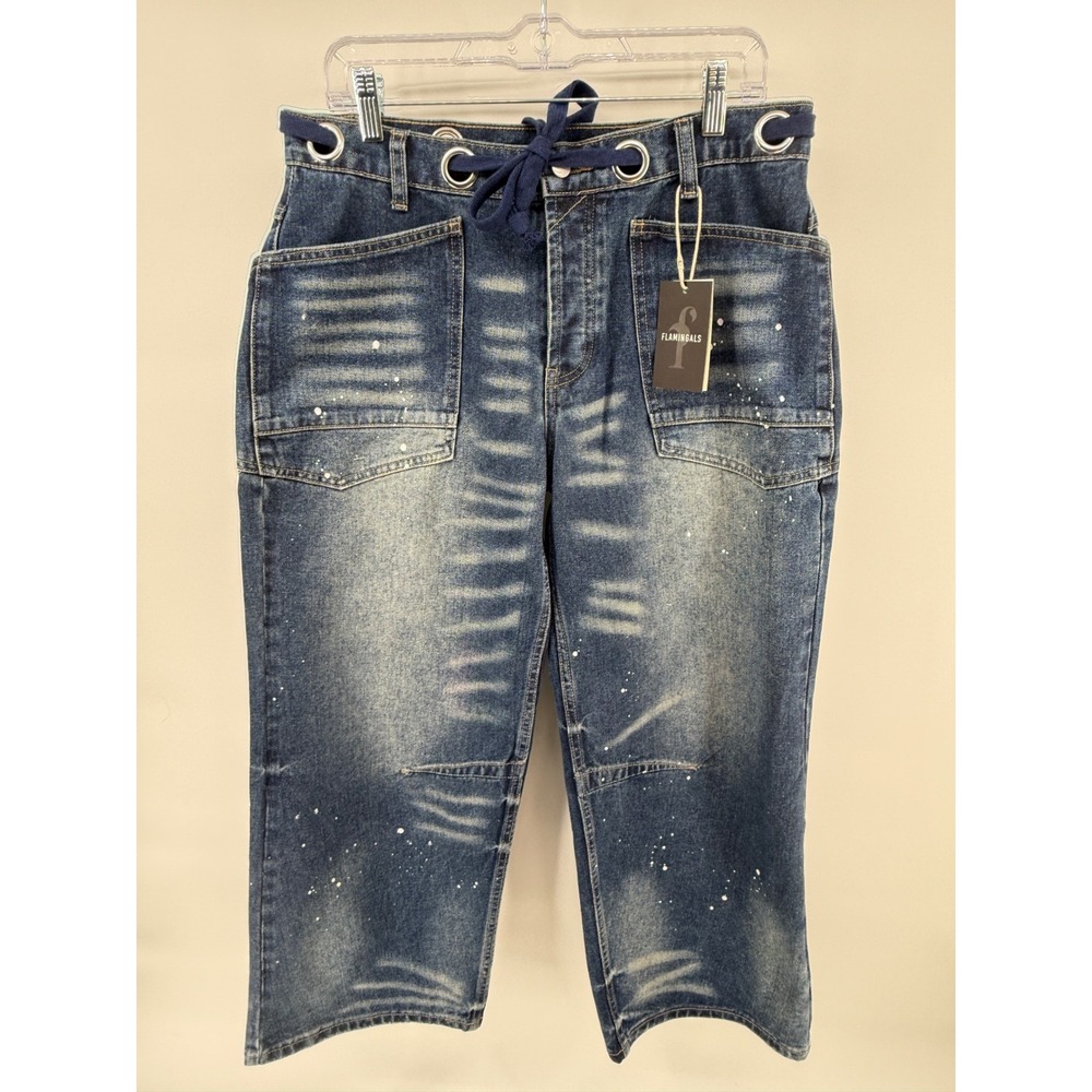 Flamingals Womens Paint Splatter Distressed Cropped Barrel Leg Jeans Blue